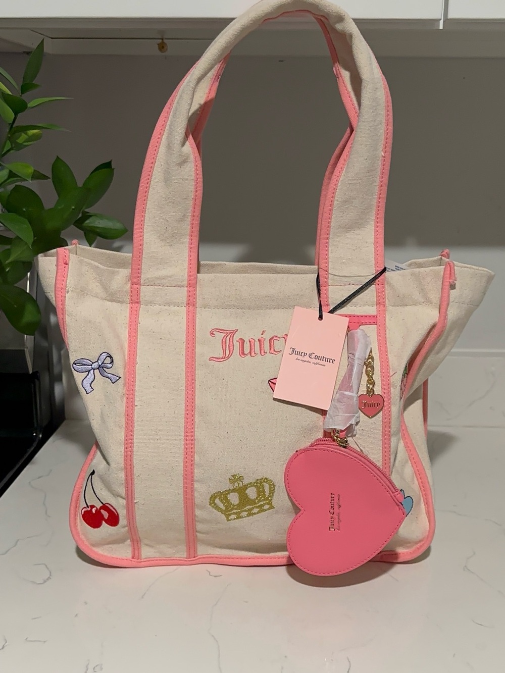 Juicy Couture Cream Canvas Tote with Pink Trim & Heart Coin Pouch